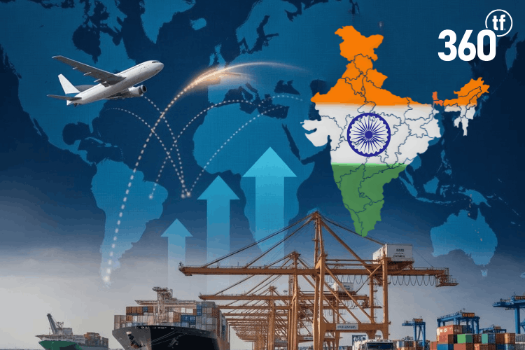 Illustration depicting India's expanding global export growth and logistics networks driven by India Free Trade Agreements. The image features trade routes, a container port, and the 360tf logo.