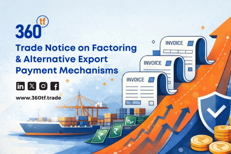 A 360tf trade notice regarding factoring and alternative export payment mechanisms. The illustration depicts invoices moving up an orange arrow over a cargo ship and Indian Rupee coins.