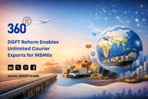 A cargo aircraft and courier delivery van symbolise the removal of the DGFT export value limit for Indian businesses under Notification 67/2025-26.