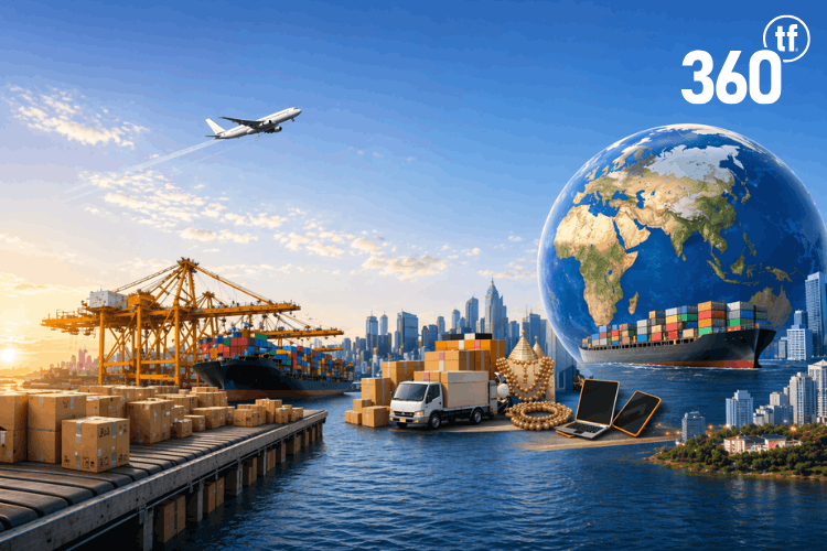 A cargo aircraft and courier delivery van symbolise the removal of the DGFT export value limit for Indian businesses under Notification 67/2025-26.