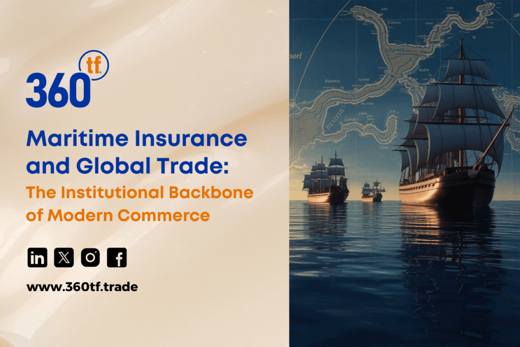 A blog thumbnail graphic titled Maritime Insurance and Global Trade: The Institutional Backbone of Modern Commerce, featuring historic sailing ships on the ocean with an old maritime navigation map overlay.