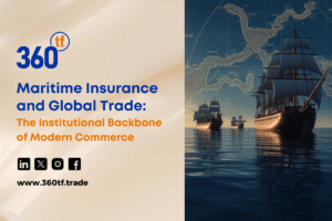 A blog thumbnail graphic titled Maritime Insurance and Global Trade: The Institutional Backbone of Modern Commerce, featuring historic sailing ships on the ocean with an old maritime navigation map overlay.