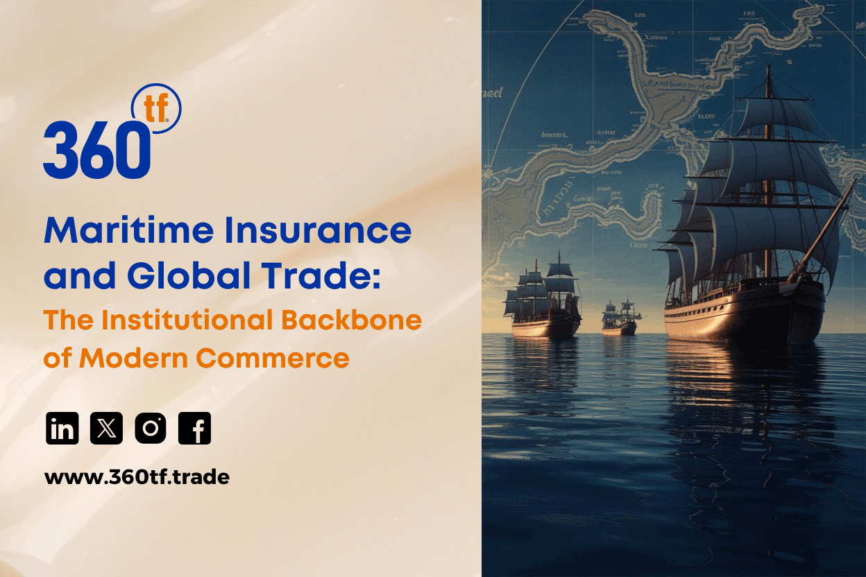 A blog thumbnail graphic titled Maritime Insurance and Global Trade: The Institutional Backbone of Modern Commerce, featuring historic sailing ships on the ocean with an old maritime navigation map overlay.